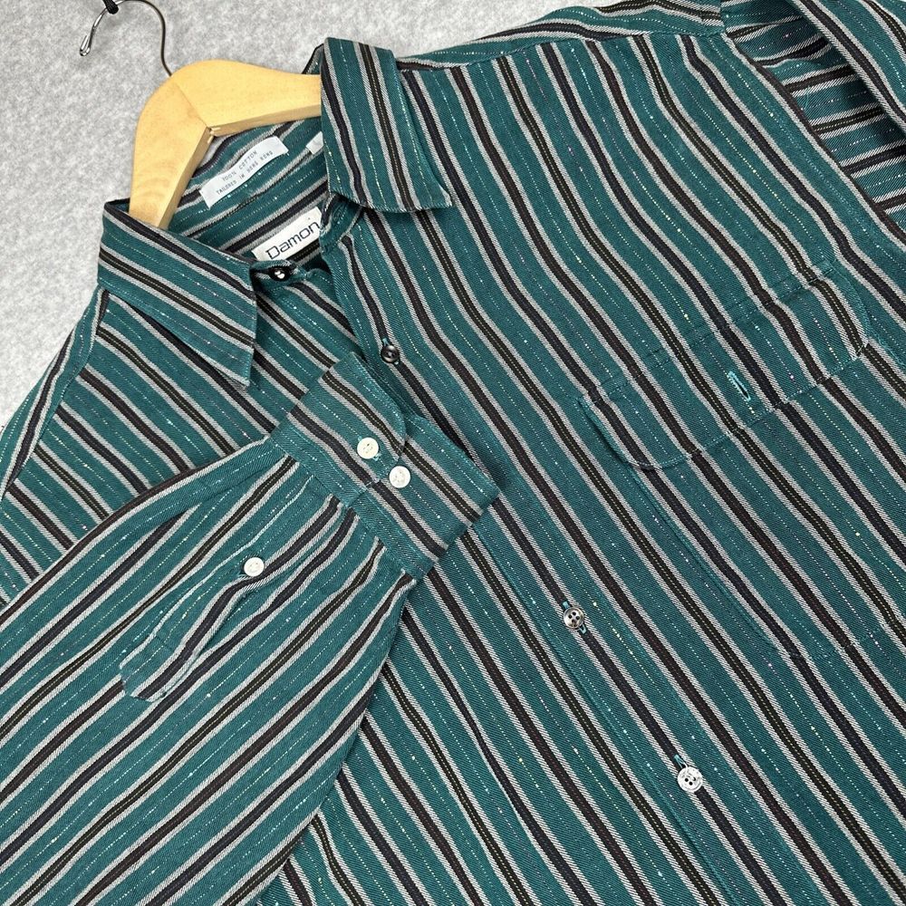 VTG Damon Shirt Mens L‎ Green Vertical Stripes Metallic Disco Rave Long Sleeve